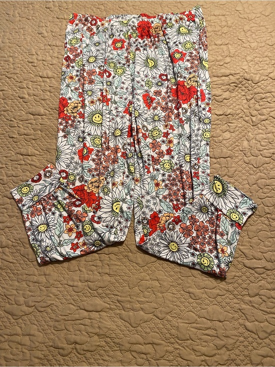 Pants - Floral Smile Wide-Leg Pajama Pants - White with Red & Yellow Floral Print